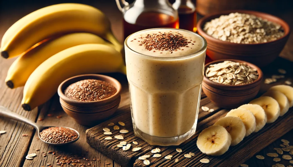 A thick and creamy banana and oatmeal smoothie in a tall glass, garnished with a sprinkle of ground flaxseeds. The smoothie is placed on a rustic wooden table with a small bowl of cooked oats, a bunch of bananas, and a drizzle of maple syrup in the background.