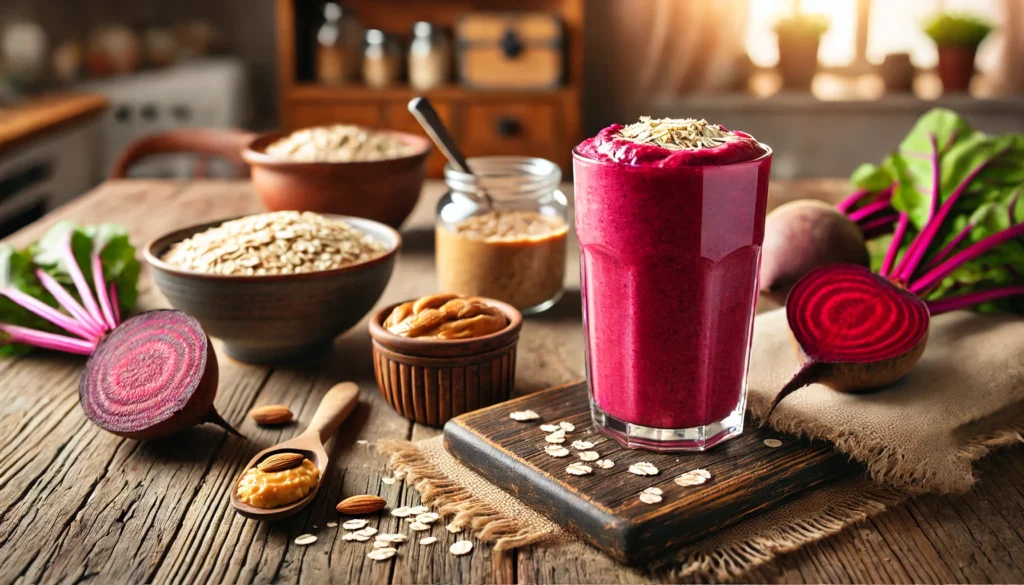 A thick and nutritious beet and oatmeal smoothie in a tall glass with a rich red-pink hue, surrounded by cooked oats, almond butter, and cooked beets on a rustic wooden table in a cozy kitchen setting.