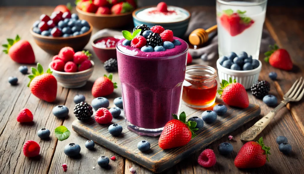 A vibrant berry blast recovery smoothie in a clear glass, deep purple in color, garnished with fresh mixed berries and a drizzle of honey. The smoothie has a rich, thick texture and is placed on a rustic wooden surface, surrounded by blueberries, strawberries, raspberries, a small dish of Greek yogurt, and a glass of coconut water.