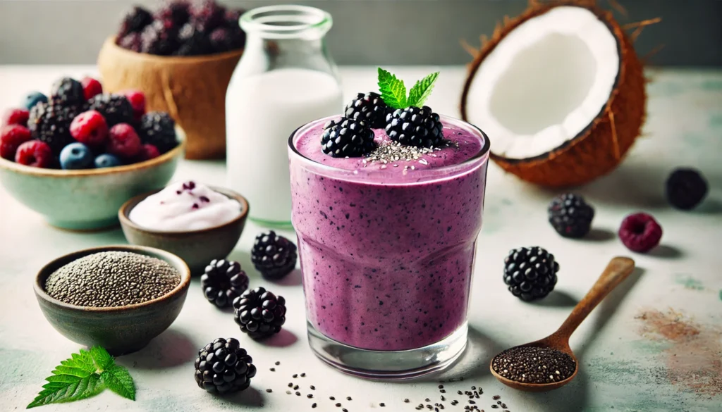 A blackberry coconut recovery smoothie in a glass, featuring a rich purple color and a smooth texture. The smoothie is surrounded by fresh blackberries, a small bowl of Greek yogurt, chia seeds, and a glass of coconut water. The setting is a fresh and airy kitchen with natural lighting.