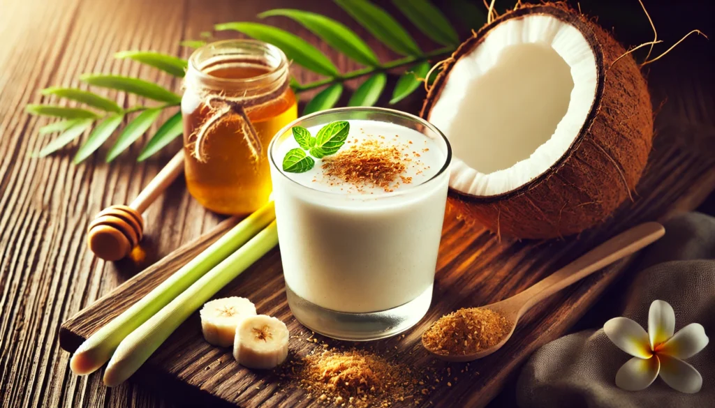 A creamy coconut milk smoothie garnished with nutmeg and honey, surrounded by fresh lemongrass, sliced banana, and a coconut half, creating a warm and relaxing nighttime ambiance.