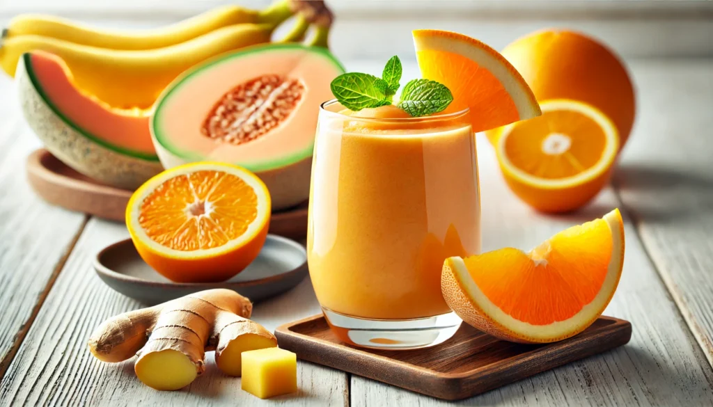 A refreshing citrus-infused smoothie in a glass, featuring a vibrant orange cantaloupe blend with slices of fresh oranges and banana. A hint of ginger root is placed beside the glass, highlighting its health benefits in a bright and airy setting.