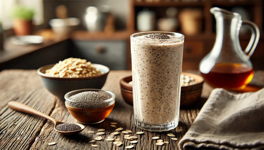 A thick and nutritious chia oatmeal smoothie in a tall glass with a creamy texture, surrounded by cooked oats, chia seeds, and maple syrup on a rustic wooden table in a cozy kitchen.