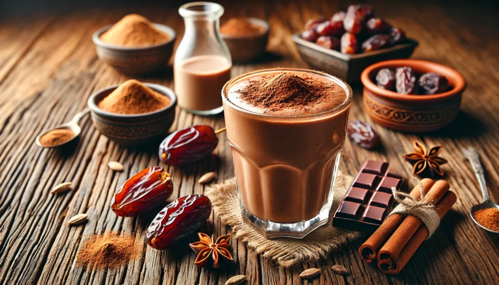 A rich and creamy chocolate smoothie in a glass, blended with cacao powder, oat milk, dates, and ashwagandha, garnished with a sprinkle of cacao powder, surrounded by raw cacao beans, a sliced date, and a small dish of cinnamon on a rustic wooden surface.