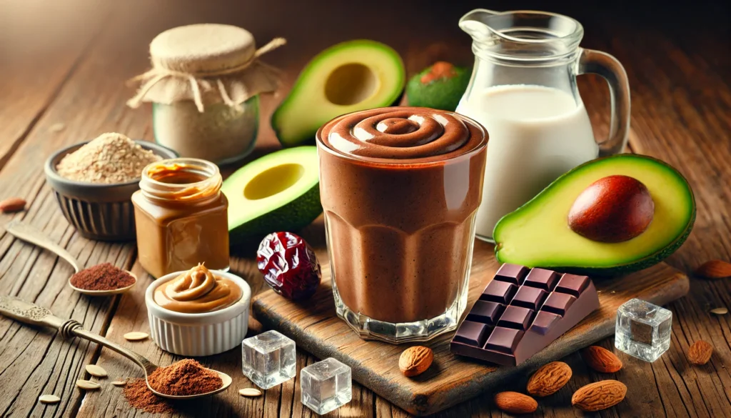 A deep chocolate-brown Chocolate Avocado Strength Smoothie in a clear glass, surrounded by fresh avocado halves, raw cacao powder, peanut butter, oat milk, a pitted date, maca powder, and ice cubes on a wooden table with warm, soft lighting.