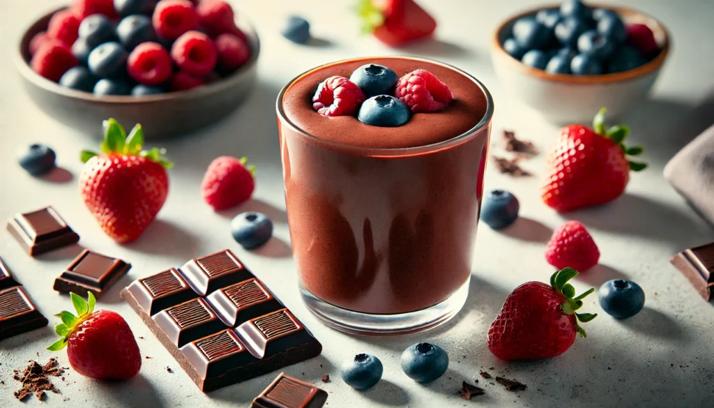 A chocolate berry energy boost smoothie in a glass, featuring a deep chocolatey-red hue. Fresh blueberries, raspberries, and strawberries surround the smoothie, with a few pieces of dark chocolate nearby. The setting is a bright and modern kitchen with soft natural lighting.