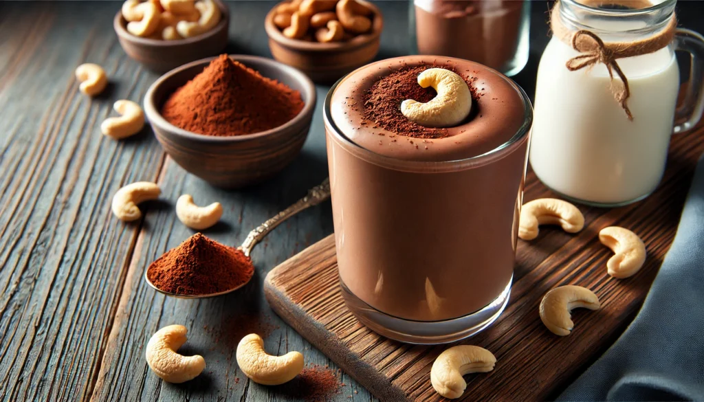 A rich and creamy chocolate cashew smoothie in a clear glass, featuring a deep chocolate-brown color with a velvety texture. Garnished with a dusting of cacao powder and a cashew nut, surrounded by fresh cashews, cacao powder, oat milk, and a date on a wooden countertop.