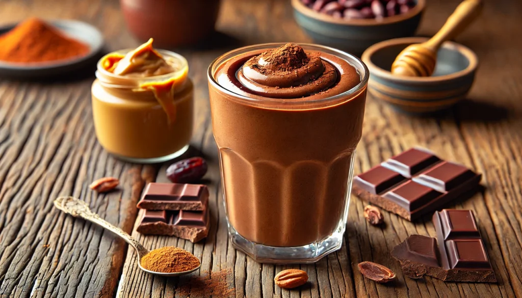 A rich chocolate ginseng performance smoothie in a clear glass, deep brown in color, garnished with cacao powder and a peanut butter drizzle. The smoothie has a thick, velvety texture and is placed on a rustic wooden table, surrounded by raw cacao beans, a small bowl of peanut butter, and a date.