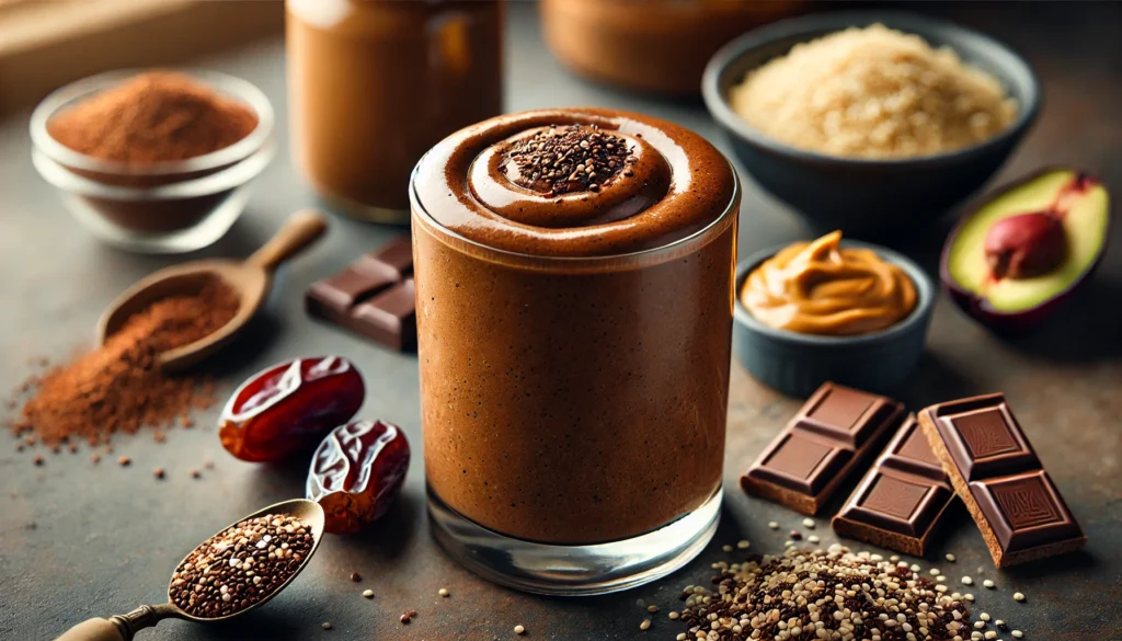 A chocolate quinoa muscle recovery smoothie in a glass, featuring a rich, velvety texture and deep brown color. The smoothie is surrounded by cooked quinoa, raw cacao powder, peanut butter, and a medjool date. The setting is a cozy kitchen with warm natural lighting.