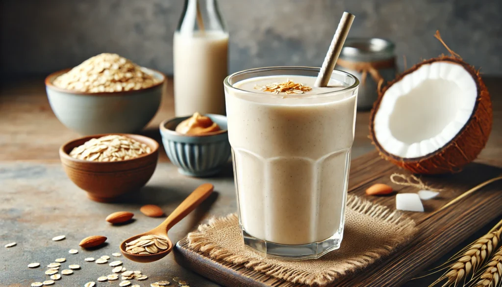 A creamy beige oatmeal and coconut smoothie in a clear glass, topped with oats and a drizzle of almond butter. The background features a wooden kitchen counter with a bowl of oats, almond butter, and coconut water.