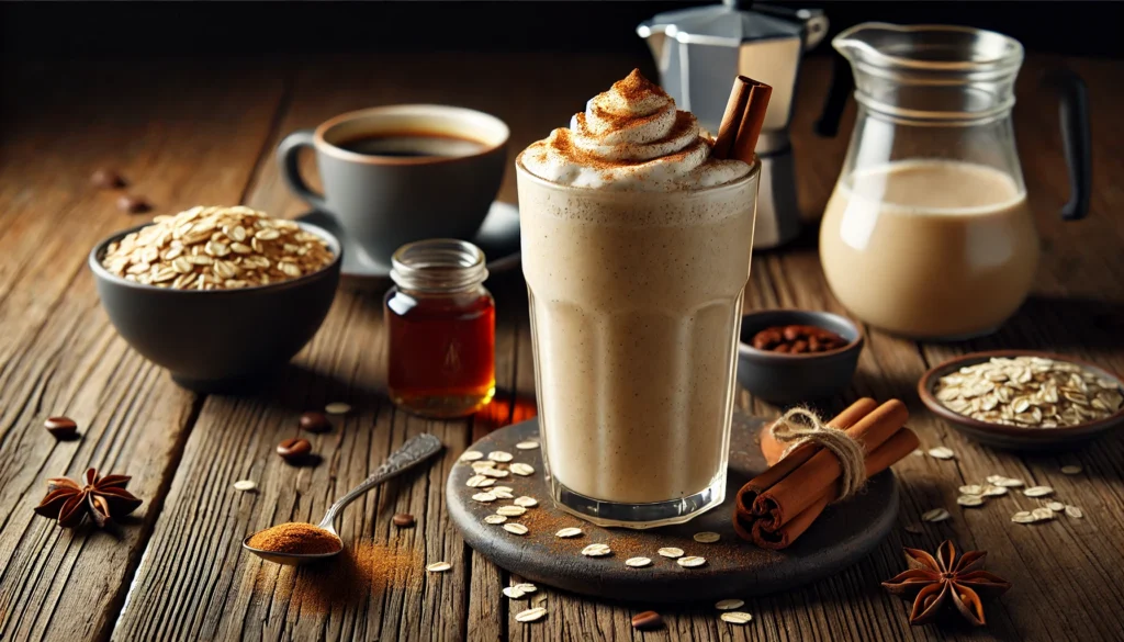 A thick and creamy coffee oatmeal smoothie in a tall glass, garnished with a sprinkle of cinnamon. The smoothie is placed on a rustic wooden table with a cup of brewed coffee, a small bowl of cooked oats, and a drizzle of maple syrup in the background.