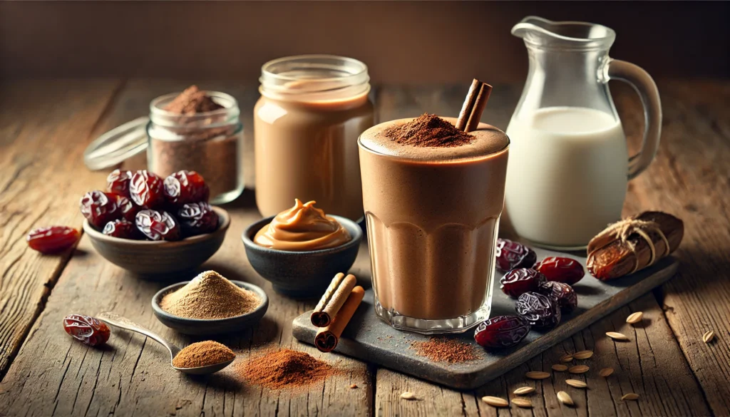 A deep chocolate-brown Date-Cacao Energy Boost smoothie in a clear glass, surrounded by raw cacao powder, peanut butter, oat milk, cinnamon sticks, maca powder, and Medjool dates on a rustic wooden table with warm lighting.