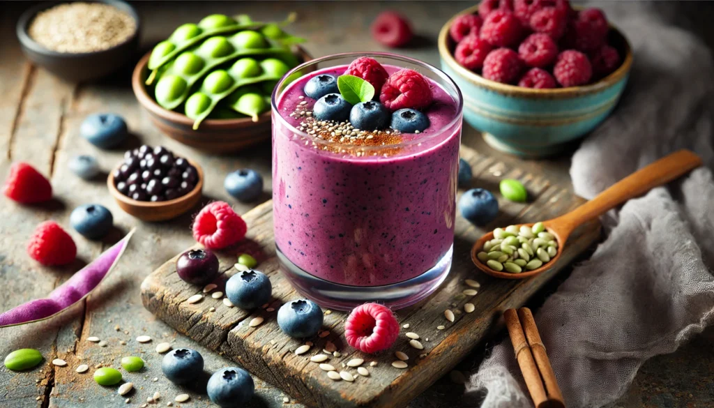 A rich purple berry smoothie in a clear glass, made with edamame, blueberries, raspberries, hemp seeds, and oat milk, set on a rustic wooden surface with fresh ingredients nearby.