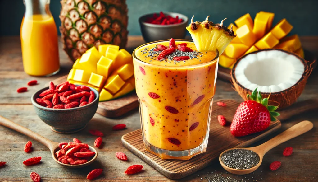 A bright orange-red tropical smoothie in a clear glass, made with goji berries, pineapple, mango, and coconut water. Garnished with goji berries and chia seeds, surrounded by fresh pineapple chunks, mango slices, a bowl of goji berries, and coconut water on a wooden countertop.

