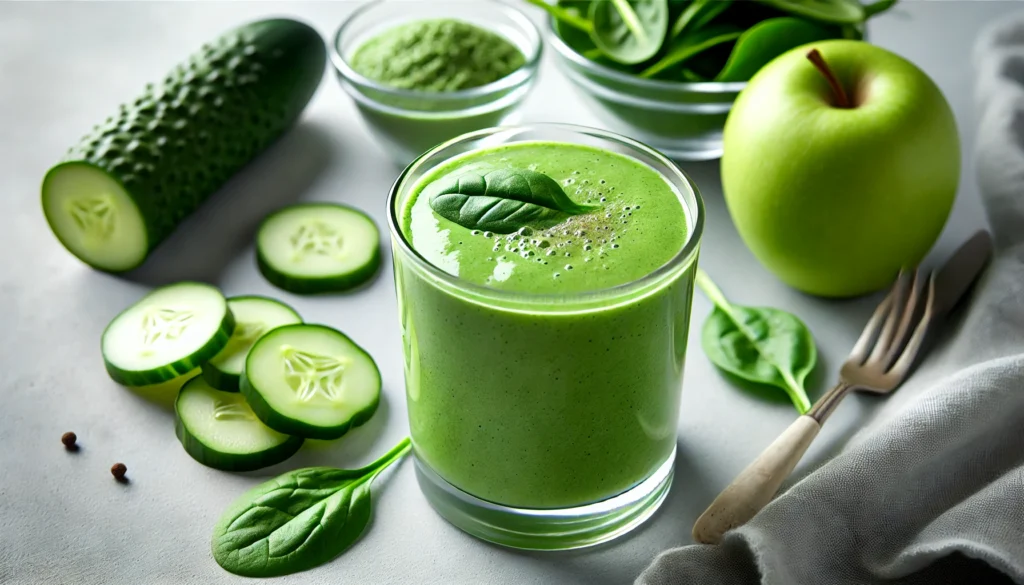 A bright green detox smoothie in a clear glass, made with kefir, spinach, cucumber, and green apple, surrounded by fresh ingredients on a light-colored surface.