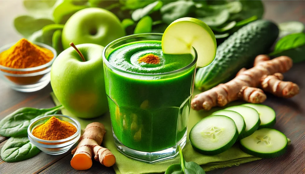 A fresh and detoxifying green turmeric smoothie in a clear glass, deep green in color, garnished with a slice of green apple. The smoothie has a rich, smooth texture and is placed on a wooden surface, surrounded by fresh spinach, cucumber slices, turmeric root, and a halved green apple.