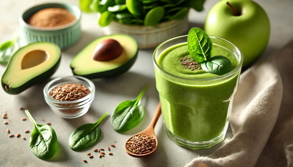 A vibrant green smoothie in a clear glass, made with fenugreek, spinach, avocado, green apple, flaxseeds, and oat milk, set on a light-colored surface with fresh ingredients nearby.