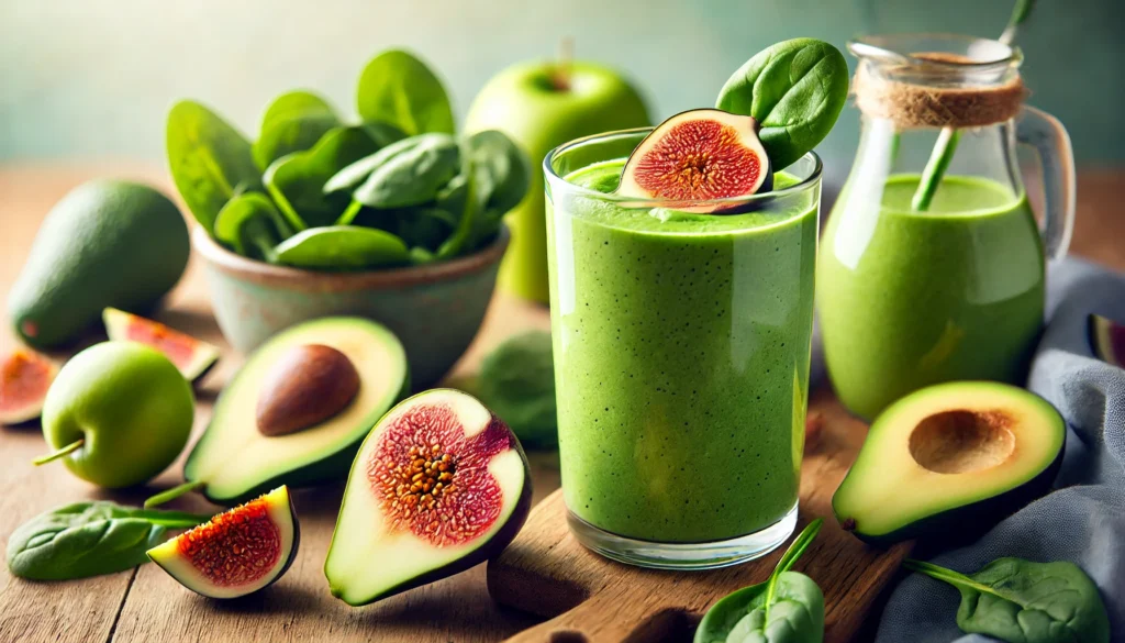 A vibrant green smoothie in a glass, featuring a creamy blend of figs, spinach, avocado, and green apple. The smoothie is placed on a wooden surface with fresh spinach leaves, sliced avocado, and a green apple beside it, evoking a bright and refreshing, muscle-recovery setting.