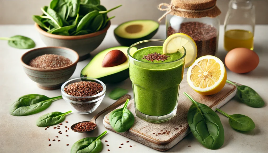 A rich green smoothie in a glass, featuring fresh spinach, lemon juice, avocado, and flaxseeds, placed on a wooden surface with natural lighting in a minimalist kitchen.