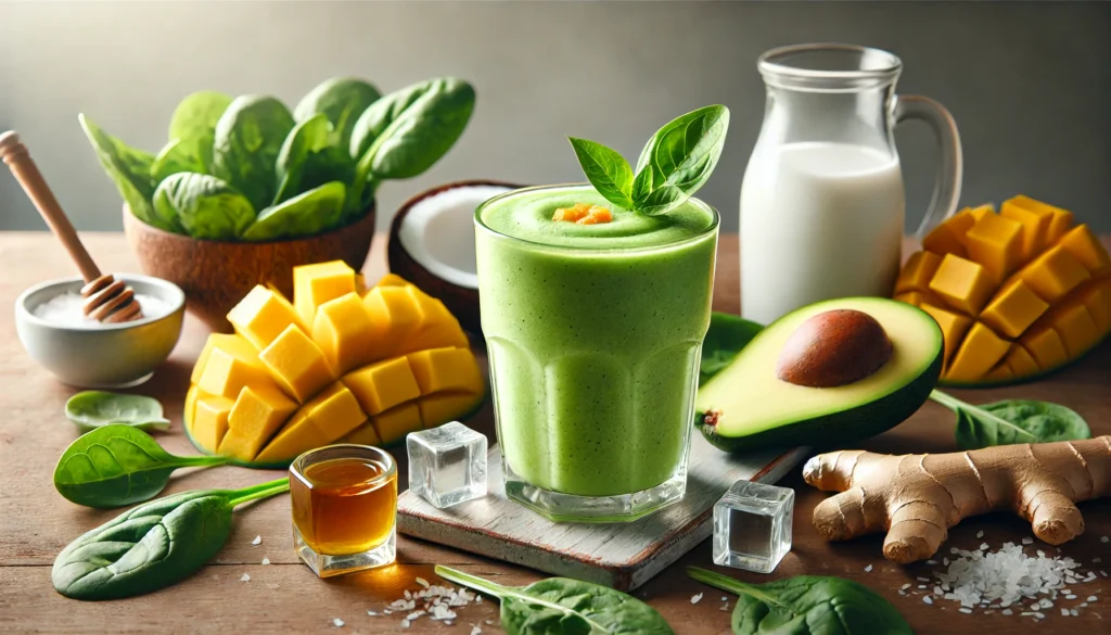 A light green Green Mango Endurance Booster Smoothie in a clear glass, surrounded by fresh mango chunks, spinach leaves, half an avocado, coconut milk, honey, ginger slices, and ice cubes on a wooden surface with soft, natural lighting.