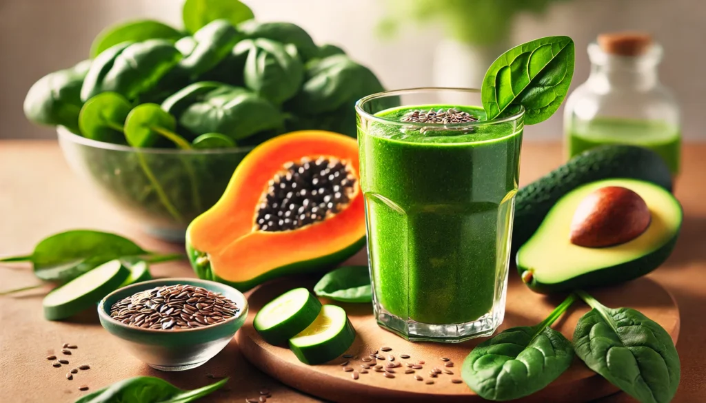 A fresh green smoothie in a glass, made with papaya, spinach, and avocado, giving it a rich green color. The smoothie is set on a wooden kitchen counter, surrounded by fresh spinach leaves, a halved avocado, flaxseeds, and cucumber slices, with a softly blurred, natural light-filled kitchen setting.