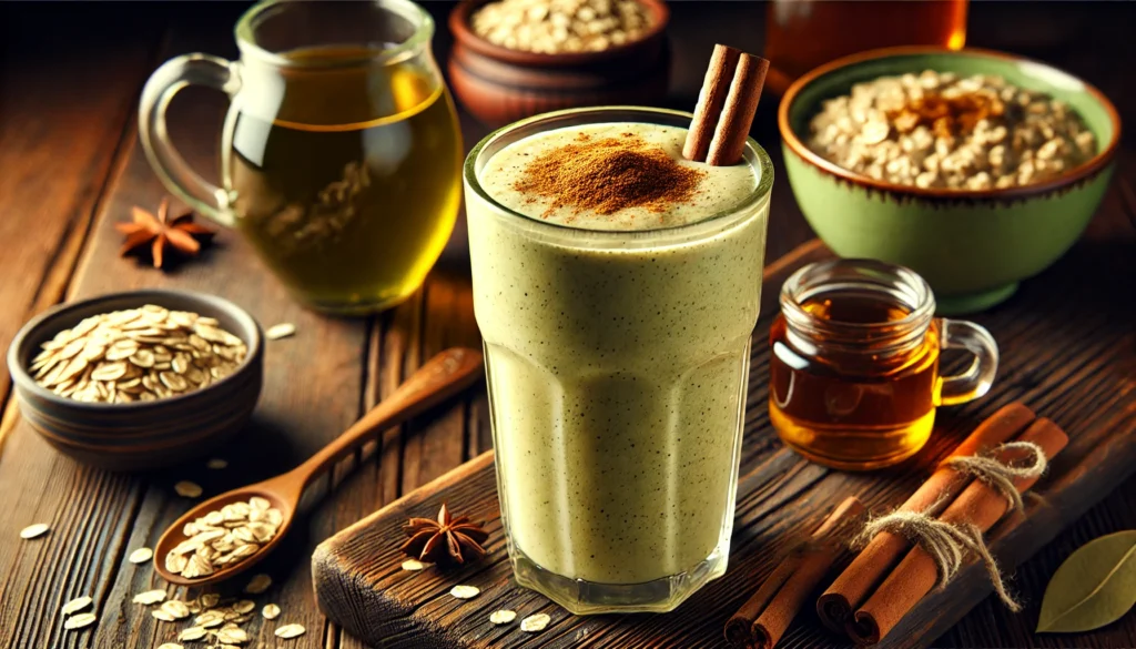 A thick and creamy green tea and oatmeal smoothie in a tall glass, garnished with a sprinkle of cinnamon. The smoothie is placed on a rustic wooden table with a cup of brewed green tea, a small bowl of cooked oats, and a drizzle of maple syrup in the background.