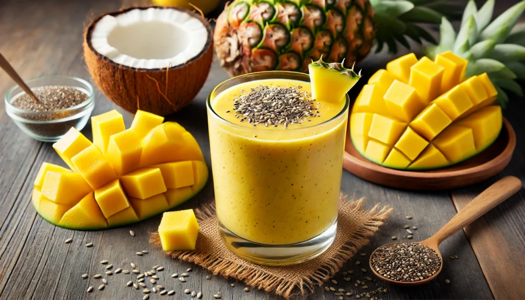 A bright yellow-orange tropical smoothie in a clear glass, made with pineapple, mango, and coconut water. Garnished with hemp seeds and chia seeds, surrounded by fresh pineapple chunks, mango slices, a bowl of hemp seeds, and coconut water on a wooden countertop.