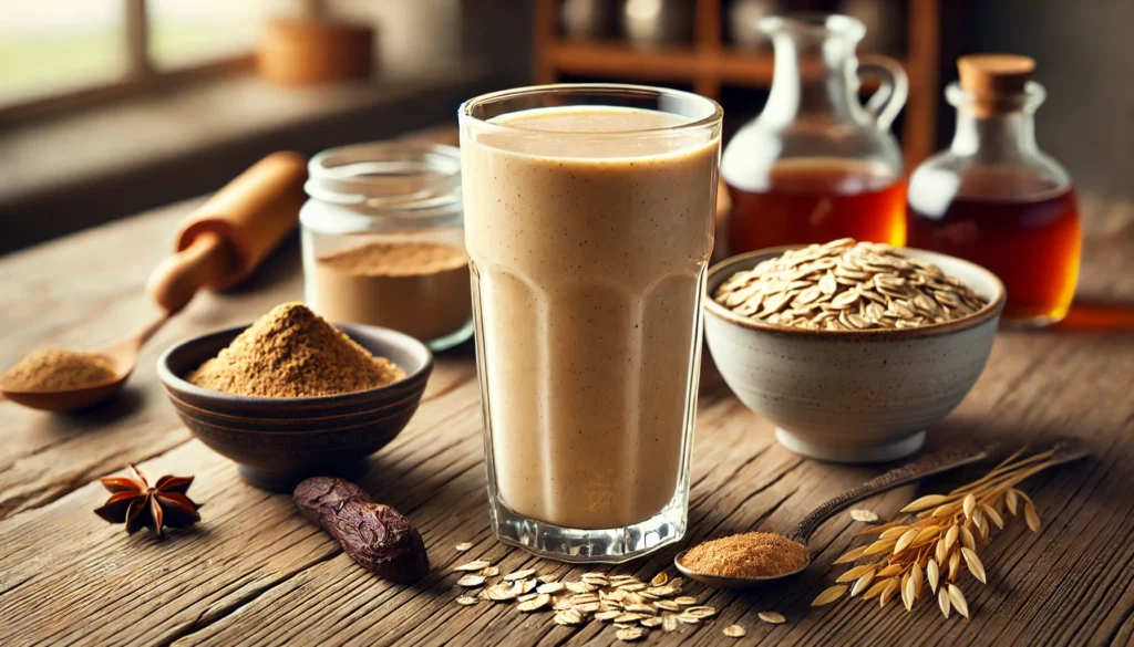 A thick and nutritious maca oatmeal smoothie in a tall glass with a smooth golden texture, surrounded by cooked oats, maca root powder, and maple syrup on a rustic wooden table in a cozy kitchen setting.