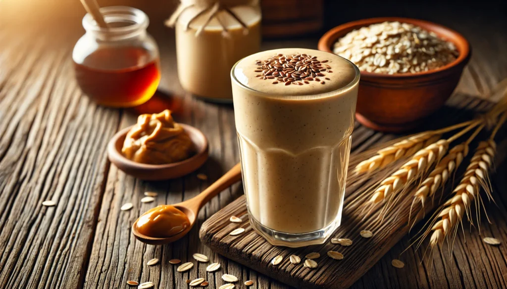 A thick and creamy oatmeal and peanut butter smoothie in a tall glass, garnished with a few flaxseeds. The smoothie is placed on a rustic wooden table with a small bowl of cooked oats, a spoonful of peanut butter, and a drizzle of maple syrup in the background.