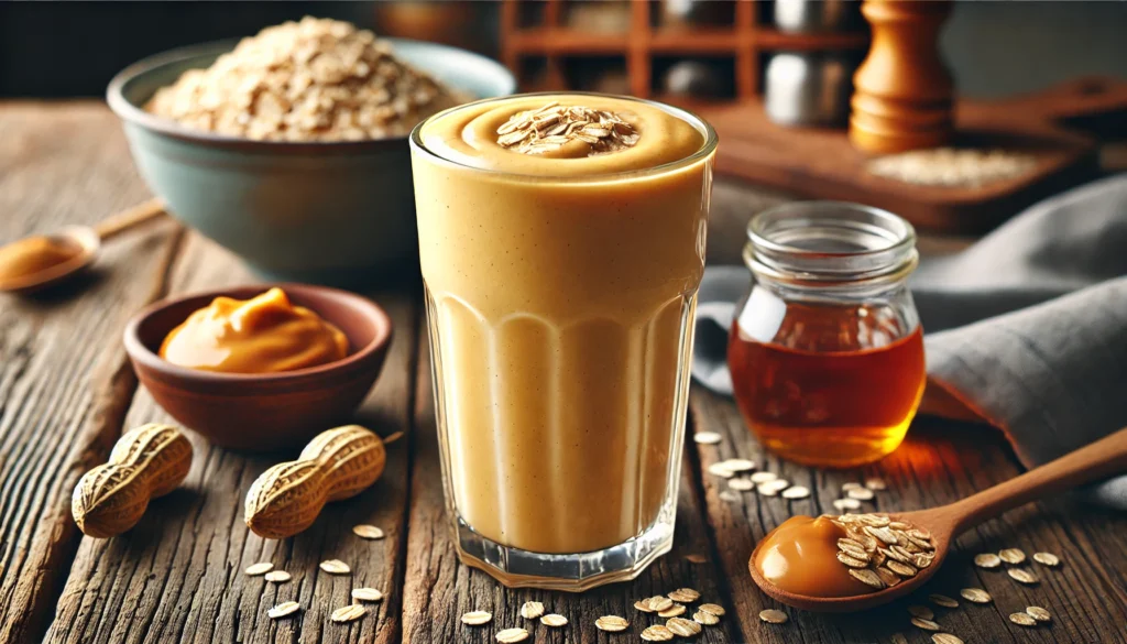 A thick and hearty peanut butter oatmeal smoothie in a tall glass with a smooth golden texture, surrounded by cooked oats, peanut butter, and maple syrup on a rustic wooden table in a cozy kitchen setting.