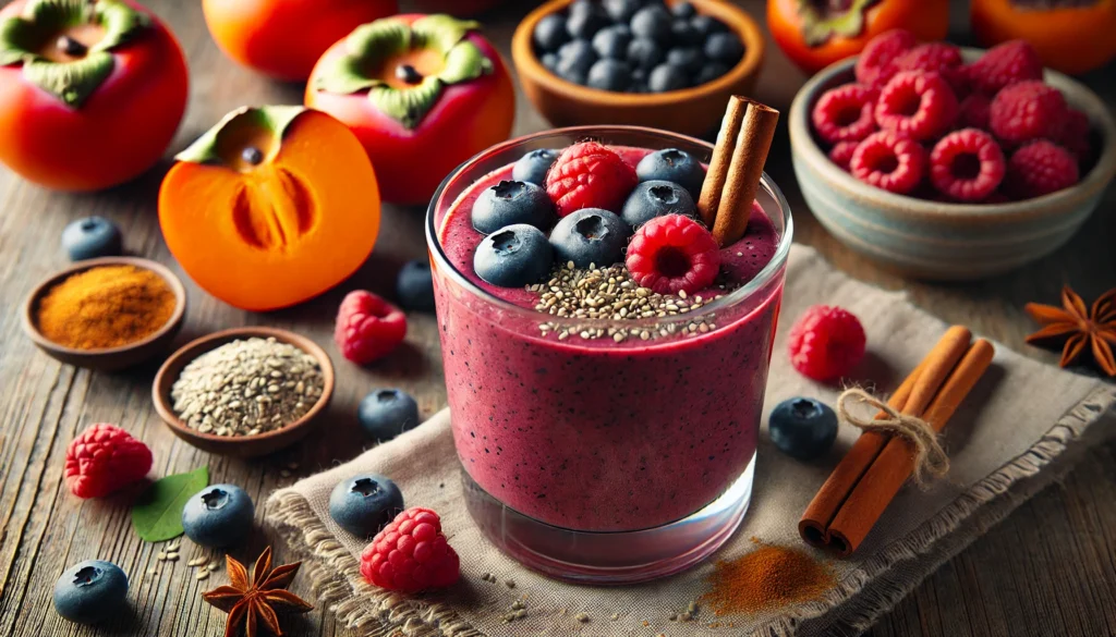 A vibrant berry smoothie in a clear glass, made with ripe persimmon, blueberries, raspberries, hemp seeds, oat milk, and cinnamon, set on a rustic wooden surface with fresh ingredients nearby.