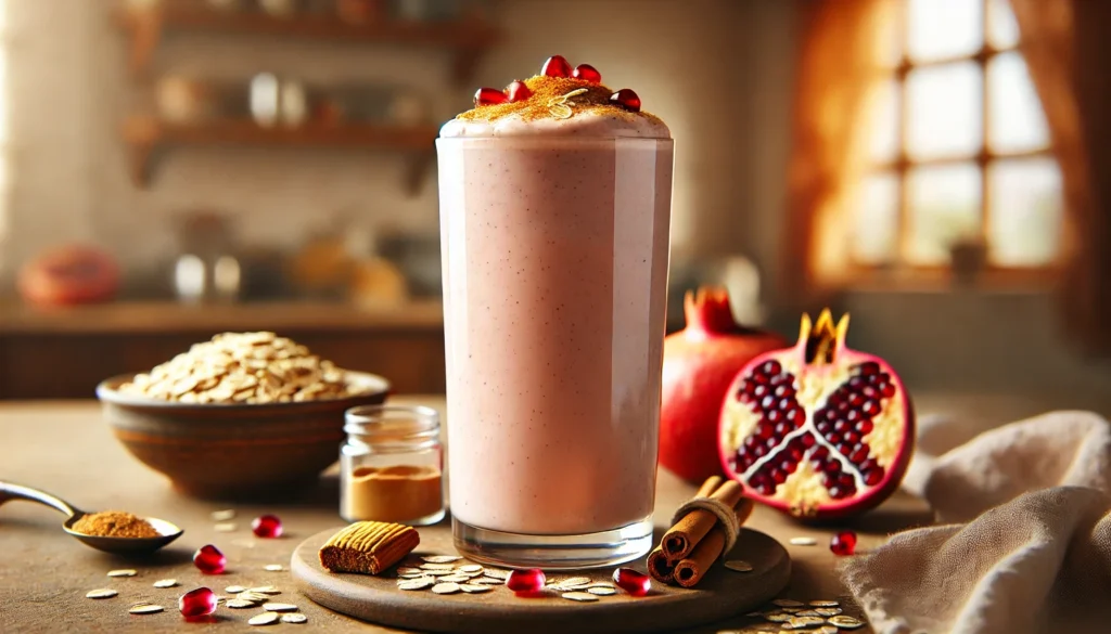 A creamy pinkish-beige smoothie in a tall glass, topped with a sprinkle of cinnamon and fresh pomegranate seeds, set on a cozy kitchen counter with warm natural lighting.