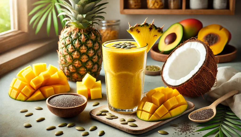 A pumpkin seed tropical strength smoothie in a glass, featuring a bright golden-yellow color. Fresh pineapple chunks, mango slices, raw pumpkin seeds, and a coconut half are arranged nearby. The background is a tropical-inspired kitchen setting with natural lighting.