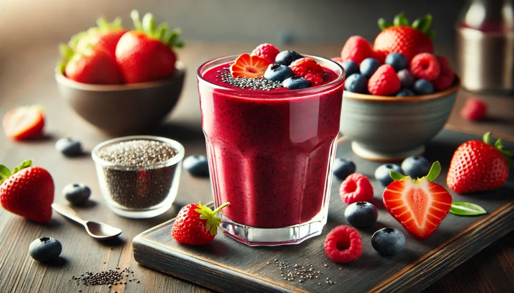 A refreshing berry-infused smoothie in a glass, featuring a deep red blend of red bell pepper and mixed berries. The smoothie is placed on a sleek wooden surface, surrounded by fresh strawberries, blueberries, and raspberries, with a small dish of chia seeds beside it, highlighting its antioxidant and recovery benefits.