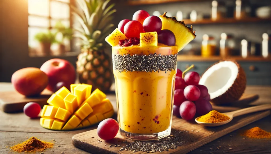 A vibrant golden-orange tropical smoothie in a tall glass, topped with fresh red grapes and a sprinkle of chia seeds, set on a cozy kitchen counter with warm natural lighting.