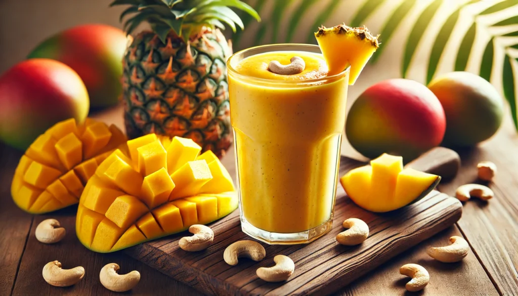 A vibrant tropical smoothie in a glass, made with cashews, mango, and pineapple, creating a golden-yellow hue. The smoothie is set on a wooden surface, surrounded by fresh mango slices, pineapple chunks, and a handful of raw cashews. The background is softly blurred, evoking a tropical, sunlit atmosphere.