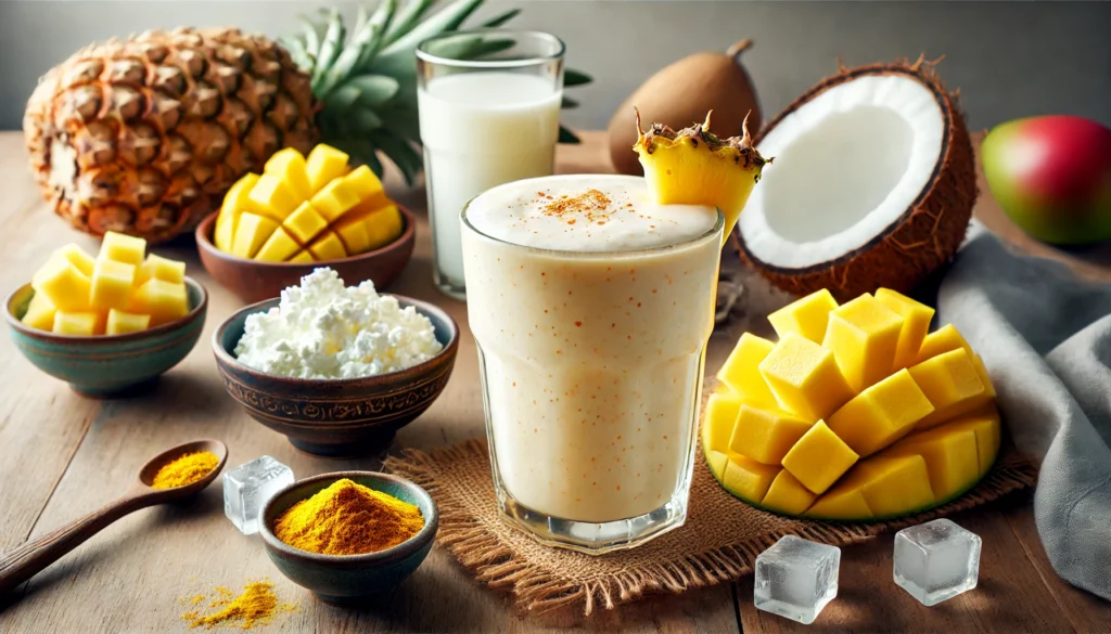 A light golden Tropical Cottage Cheese Smoothie in a clear glass, surrounded by fresh pineapple chunks, ripe mango pieces, cottage cheese, coconut water, turmeric, and ice cubes on a wooden surface with soft, natural lighting.