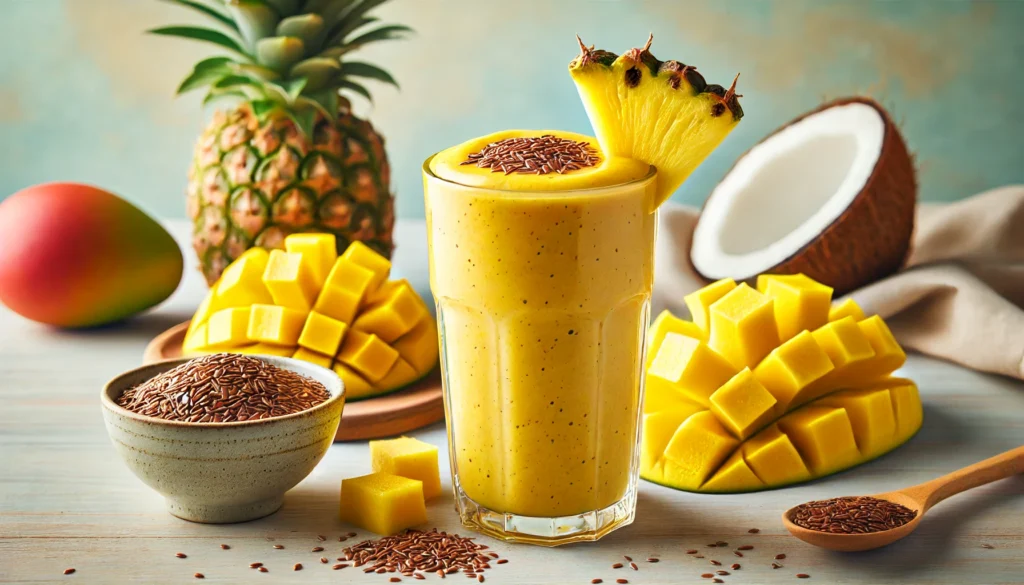 A bright yellow-orange tropical smoothie in a clear glass, made with pineapple, mango, and flaxseeds. Garnished with a small pineapple piece and flaxseeds, surrounded by fresh mango slices, a bowl of flaxseeds, and a glass of coconut water on a wooden countertop.