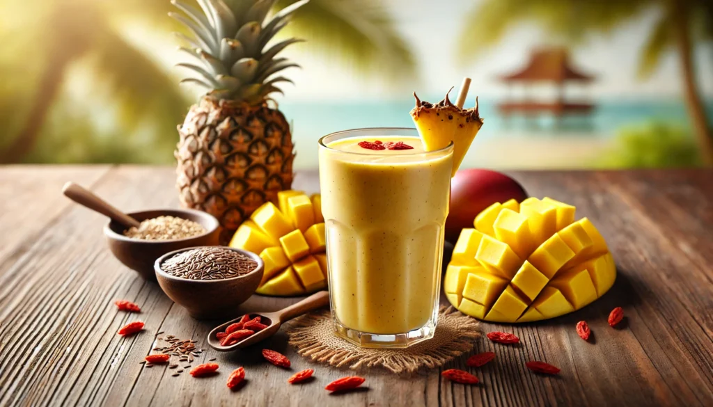 A golden-yellow tropical smoothie in a glass, surrounded by dried goji berries, fresh pineapple chunks, mango slices, and a small bowl of flaxseeds on a wooden surface. A softly blurred tropical background enhances the refreshing feel.