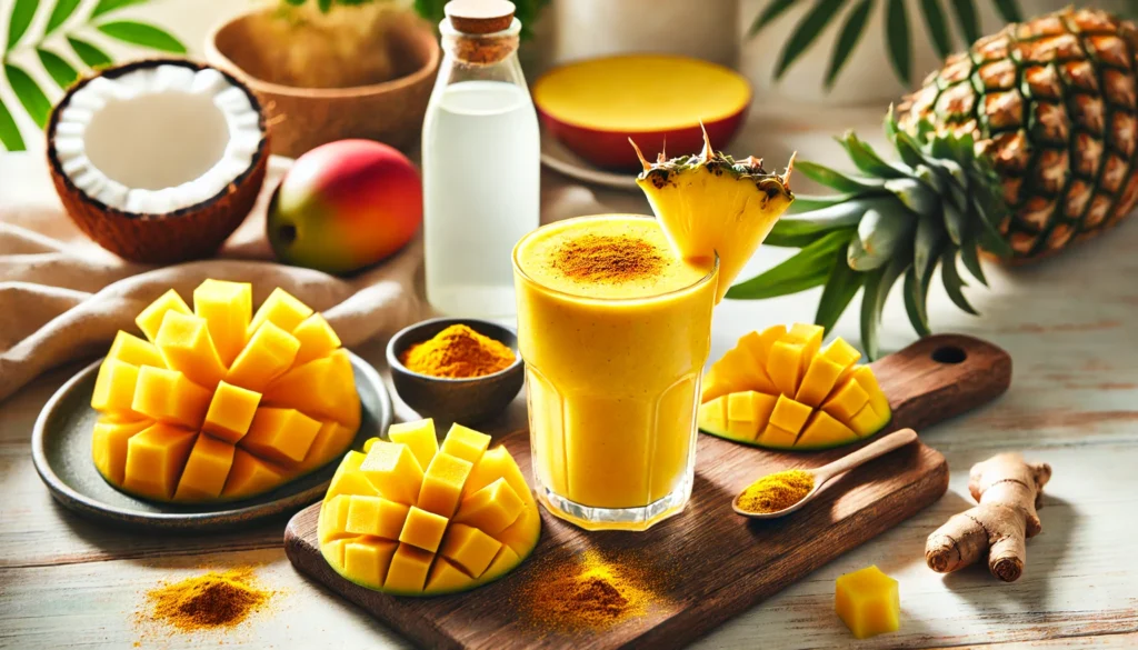 A tropical post-workout smoothie in a glass, featuring a bright yellow-orange blend of pineapple and mango. Fresh pineapple chunks, mango slices, coconut water, and turmeric are arranged nearby on a wooden countertop. The background is a fresh and airy kitchen with natural lighting.