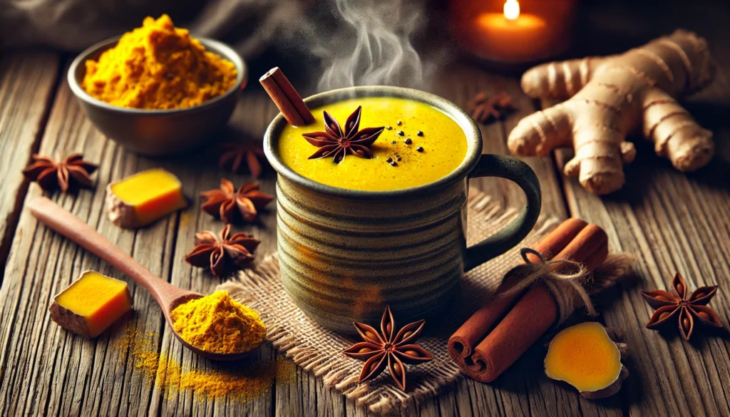 A rich and creamy golden turmeric smoothie infused with anise and spices, served in a warm mug, surrounded by fresh anise, turmeric root, cinnamon sticks, and ginger on a rustic wooden table, creating a soothing nighttime atmosphere.