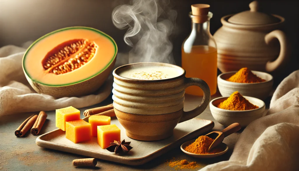 A golden, steaming elixir in a ceramic mug, featuring a blend of cantaloupe, turmeric, and coconut milk. The drink is surrounded by fresh cantaloupe cubes, turmeric root, cinnamon, and honey, set in a softly lit, relaxing nighttime atmosphere.

