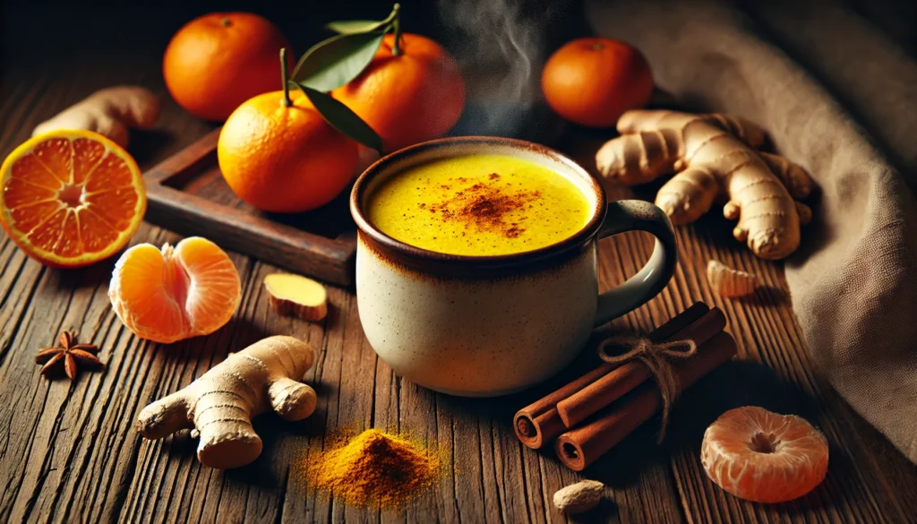 A rich and creamy golden turmeric smoothie infused with clementine and spices, served in a warm mug, surrounded by fresh clementines, turmeric root, cinnamon sticks, and ginger on a rustic wooden table, creating a comforting nighttime ambiance.