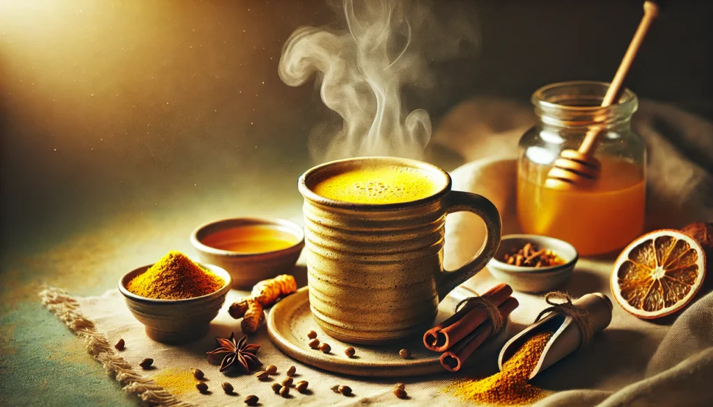 A golden, steaming elixir in a ceramic mug, featuring a blend of fenugreek, turmeric, and coconut milk. The drink is surrounded by fenugreek seeds, turmeric root, cinnamon, and honey, set in a softly lit, relaxing nighttime ambiance.