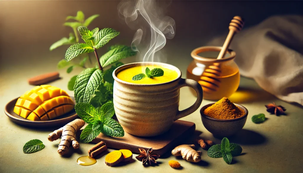 A golden, steaming elixir in a ceramic mug, featuring a blend of peppermint, turmeric, and coconut milk. The drink is surrounded by fresh peppermint leaves, turmeric root, cinnamon, and honey, set in a softly lit, cozy nighttime atmosphere.