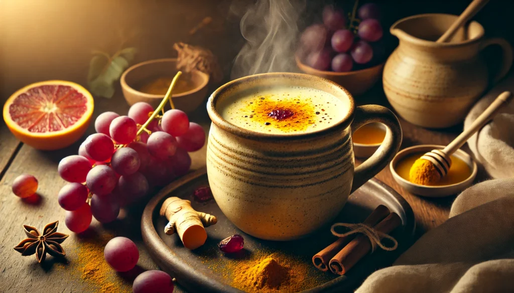 A golden, steaming elixir in a ceramic mug, featuring a blend of red grapes, turmeric, and coconut milk. The drink is surrounded by fresh red grapes, turmeric root, cinnamon, and honey, set in a softly lit, relaxing nighttime atmosphere.